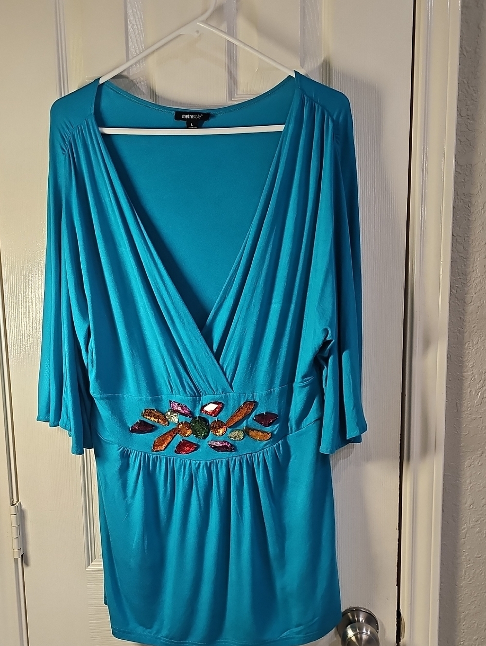 Women's Large Turquoise Embellished Deep V-Neck Colorful Flowy Unique Top